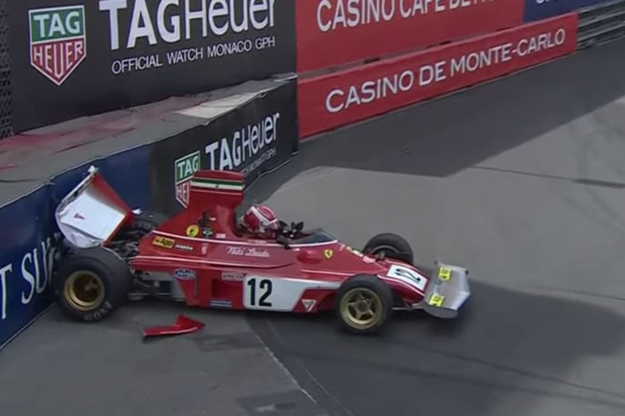 F1：シャルル・ルクレール、ニキ・ラウダのフェラーリ312B3でクラッシュ/ モナコ・ヒストリックGP